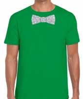 Vlinderdas t-shirt groen met zilveren glitter strik heren kopen