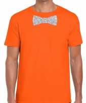 Vlinderdas t-shirt oranje met zilveren glitter strikje heren kopen