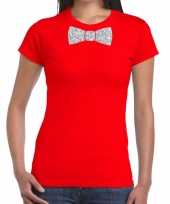 Vlinderdas t-shirt rood met zilveren glitter strikje dames kopen
