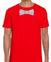 Vlinderdas t-shirt rood met zilveren glitter strikje heren kopen