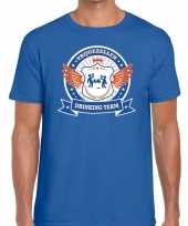 Vrijgezellenfeest blauw oranje drinking team t-shirt blauw heren kopen