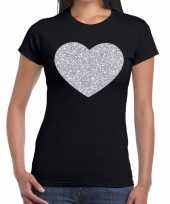 Zilveren hart glitter fun t-shirt zwart voor dames kopen