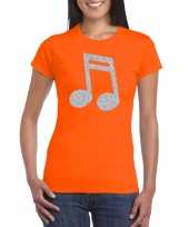 Zilveren muziek noot t-shirt oranje voor dames kopen