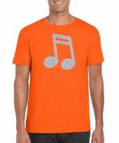 Zilveren muziek noot t-shirt oranje voor heren kopen