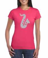 Zilveren muziek saxofoon t-shirt roze voor dames saxofonisten outfit kopen