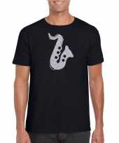 Zilveren muziek saxofoon t-shirt zwart voor heren shirt voor saxofonisten kopen
