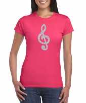 Zilveren muzieknoot g sleutel t-shirt roze voor dames kopen