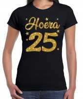 Zwart hoera 25 jaar verjaardag jubileum t-shirt voor dames met gouden glitter bedrukking kopen