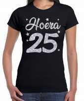 Zwart hoera 25 jaar verjaardag jubileum t-shirt voor dames met zilveren glitter bedrukking kopen