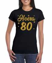 Zwart hoera 80 jaar verjaardag t-shirt voor dames met gouden glitter bedrukking kopen