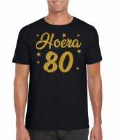 Zwart hoera 80 jaar verjaardag t-shirt voor heren met gouden glitter bedrukking kopen