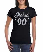 Zwart hoera 90 jaar verjaardag t-shirt voor dames met zilveren glitter bedrukking kopen