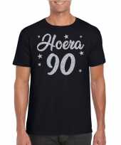 Zwart hoera 90 jaar verjaardag t-shirt voor heren met zilveren glitter bedrukking kopen