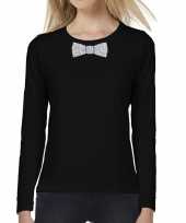 Zwart long sleeve t-shirt met zilveren strikdas voor dames kopen