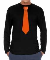 Zwart long sleeve t-shirt zwart met oranje stropdas bedrukking heren kopen